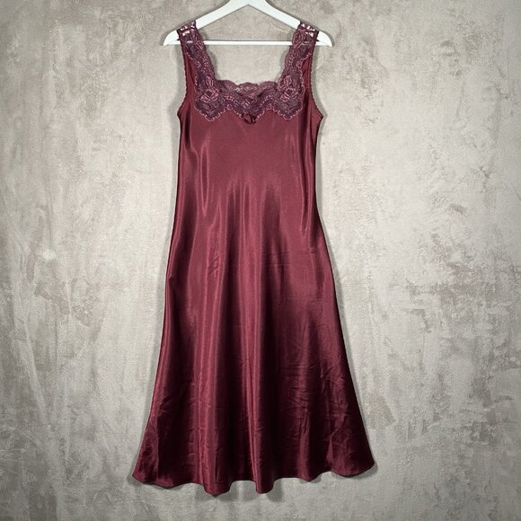 Vintage Christian Dior Satin & Lace Nightgown Size Small Maxi Slip Dress Maroon - Picture 2 of 14
